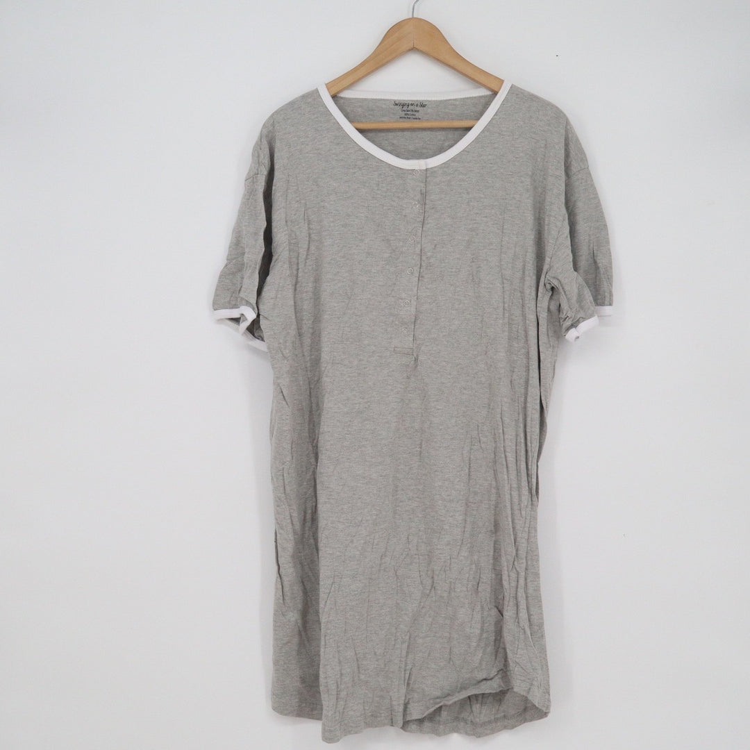 Swinging on a Star Gray Cotton Henley Nightgown Ringer Sleep Shirt One Size