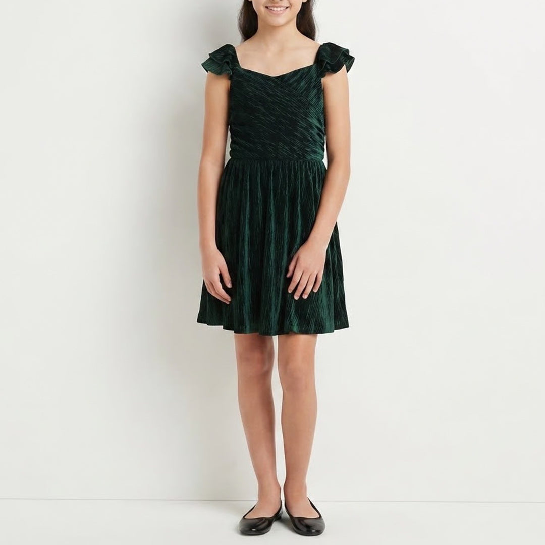 Lilt Girls Hunter Green Crushed Velvet Ruffle Sleeve Party Dress XL 16