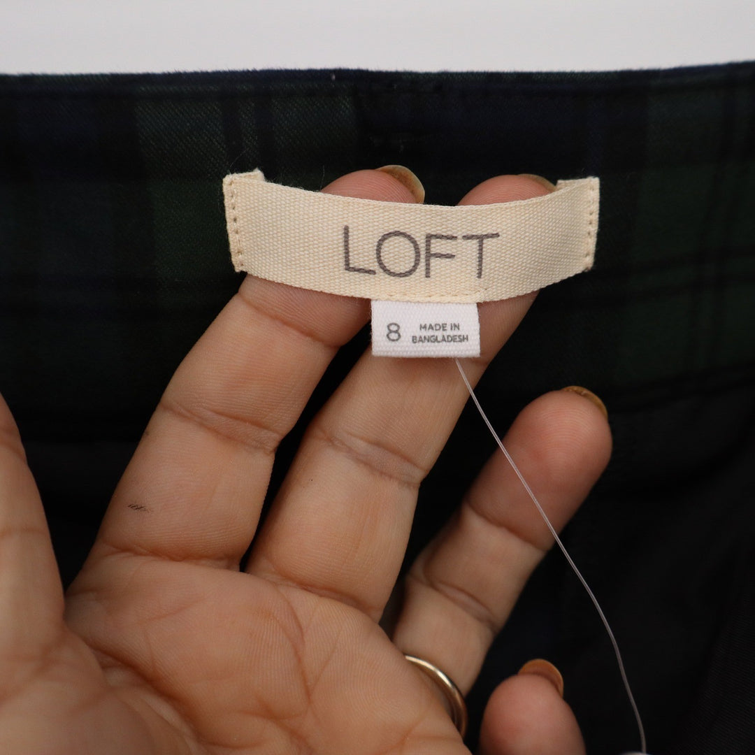 LOFT Womens Black Watch Plaid Cuffed Straight Leg Pants Green Navy Size 8