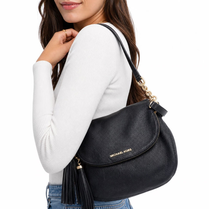 Michael Kors Bedford Navy Blue Pebbled Leather Shoulder Bag Gold Hardware Tassel