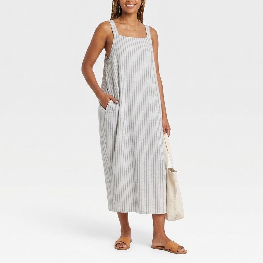 Zara Tank Dress Womens S Gray Vertical Pinstripe Square Neck Wide Strap Pullover