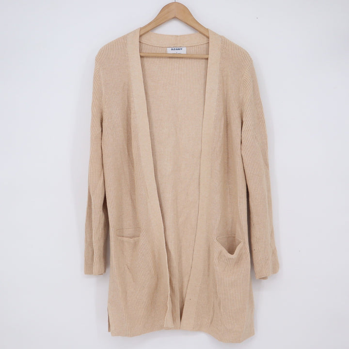 Old Navy Cardigan Women S Livaeco Beige Ribbed Knit Open Front Longline Exc