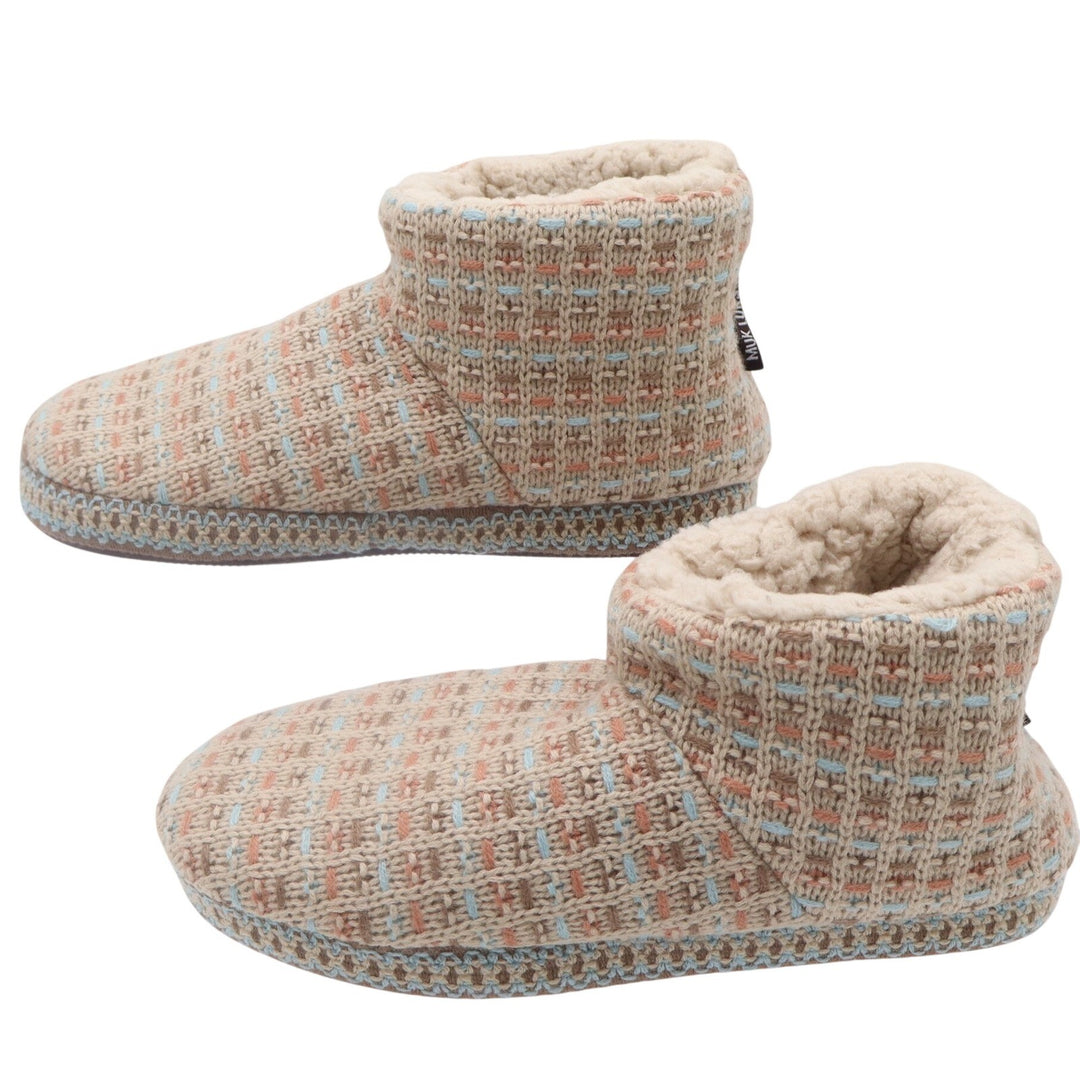 Muk Luks Womens Knit Slipper Boots Faux Fur Lined Beige Blue Coral Size Small