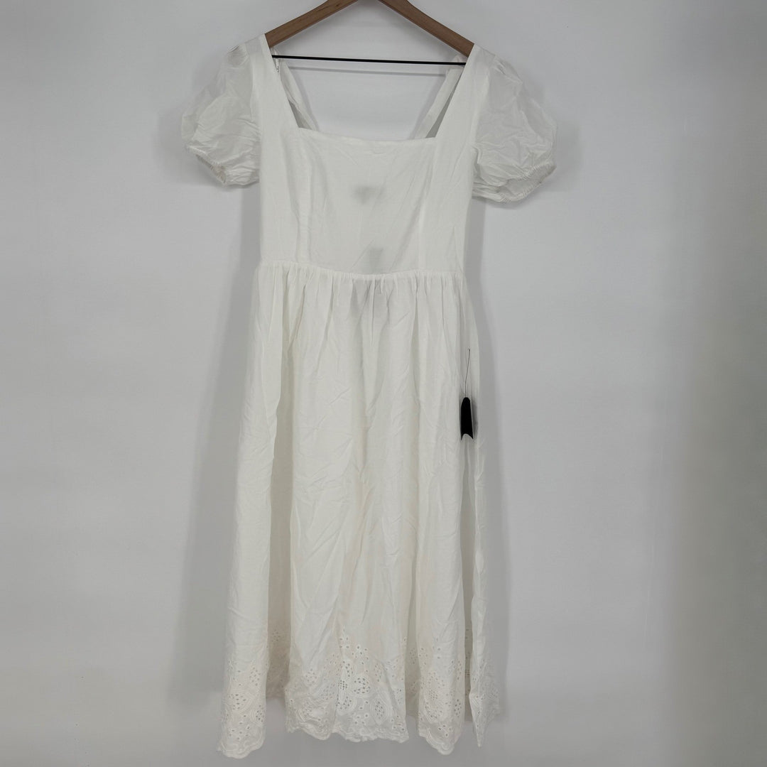 Lulus Stylish Merriment White Puff Sleeve Embroidered Midi Dress Size M