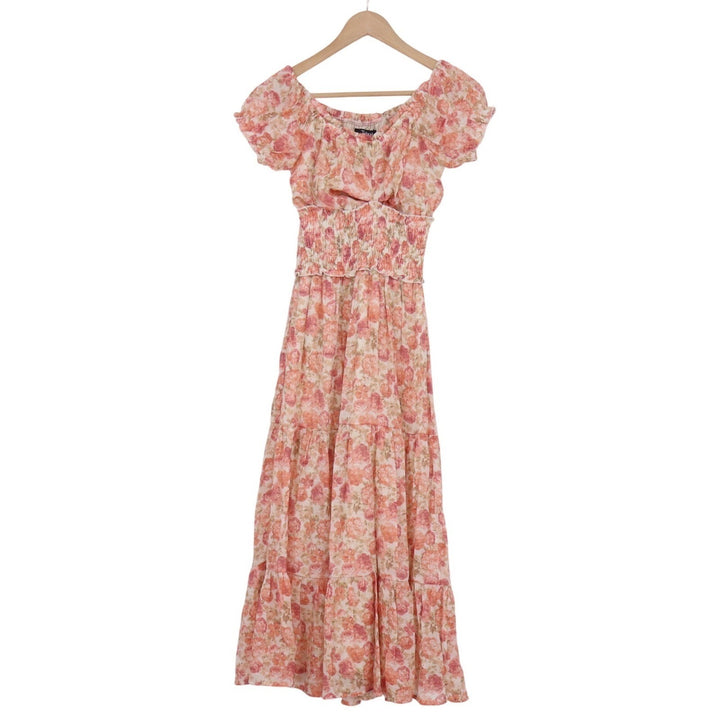 Trixxi Floral Maxi Dress Small Pink Peach Smocked Tiered Puff Sleeve
