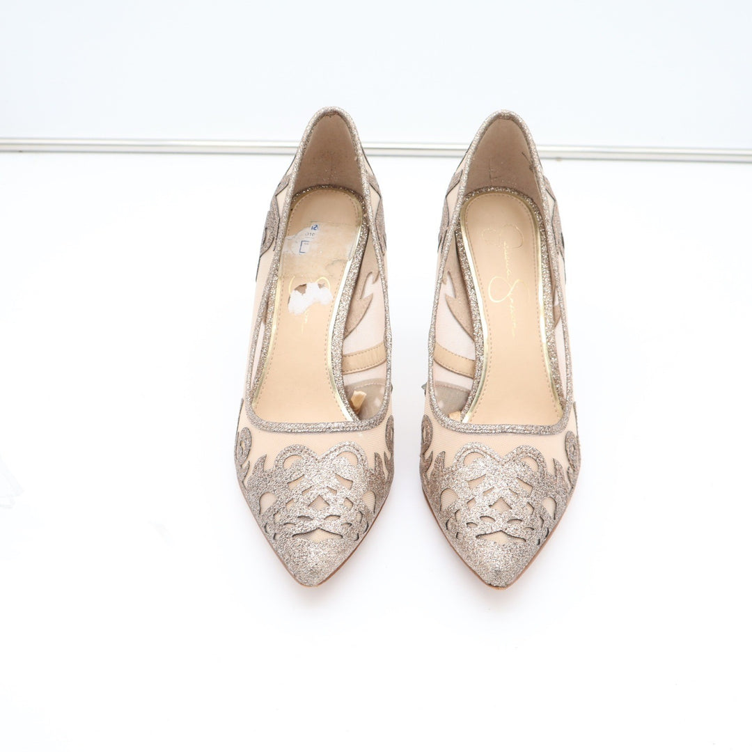Jessica Simpson Liereena2 Champagne Glitter Mesh Pointed Toe Pumps Gold 8M