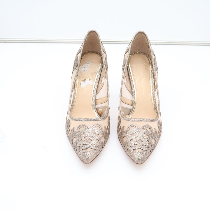 Jessica Simpson Liereena2 Champagne Glitter Mesh Pointed Toe Pumps Gold 8M