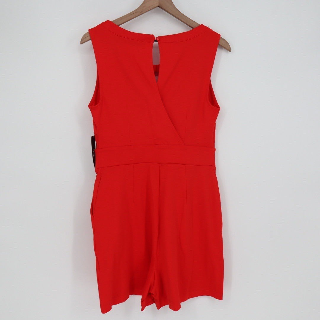 New York & Company Red V Neck Keyhole Bow Detail Sleeveless Romper Shorts Size S