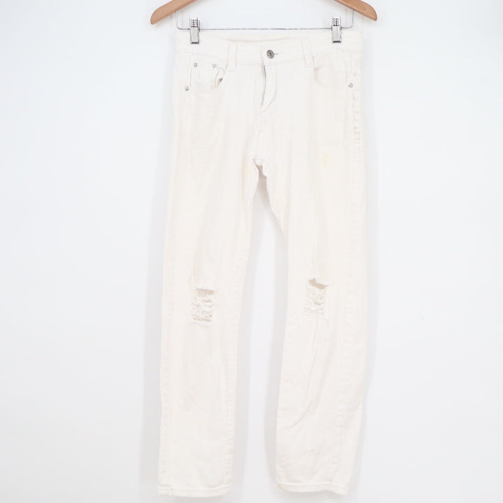 Fredd Marshall Mens White Distressed Ripped Slim Straight Jeans Size 14