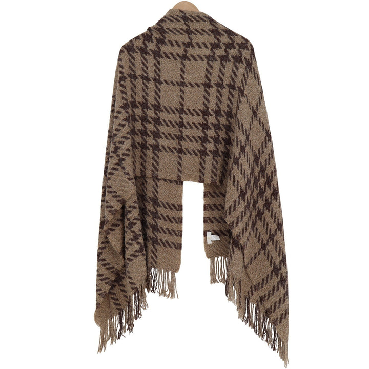 C.C Brown Tan Plaid Fuzzy Knit Fringe Shawl Wrap Oversized Scarf