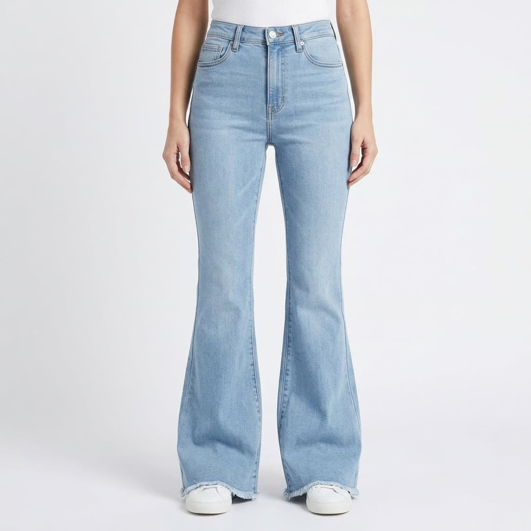Forever 21 Womens High Rise Flare Jeans Light Wash Raw Hem Blue Size 26