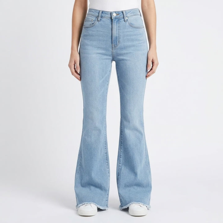 Forever 21 Womens High Rise Flare Jeans Light Wash Raw Hem Blue Size 26