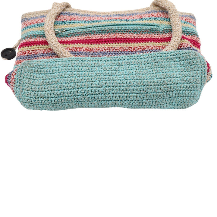 The Sak Crochet Tote Bag Multicolor Striped Floral Applique Shoulder Bag