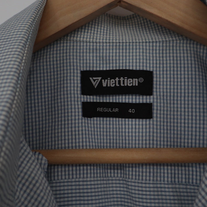 Viettien Mens Blue Gingham Check Short Sleeve Button Down Shirt Regular 40