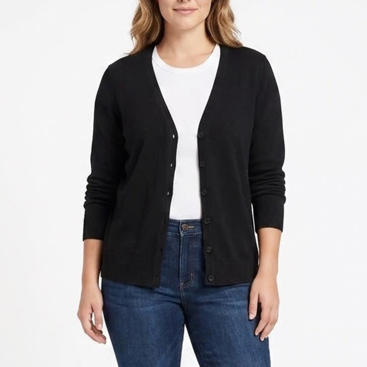 Merona Cardigan Sweater Womens Large Black Knit Ribbed Scoop Neck Button Front