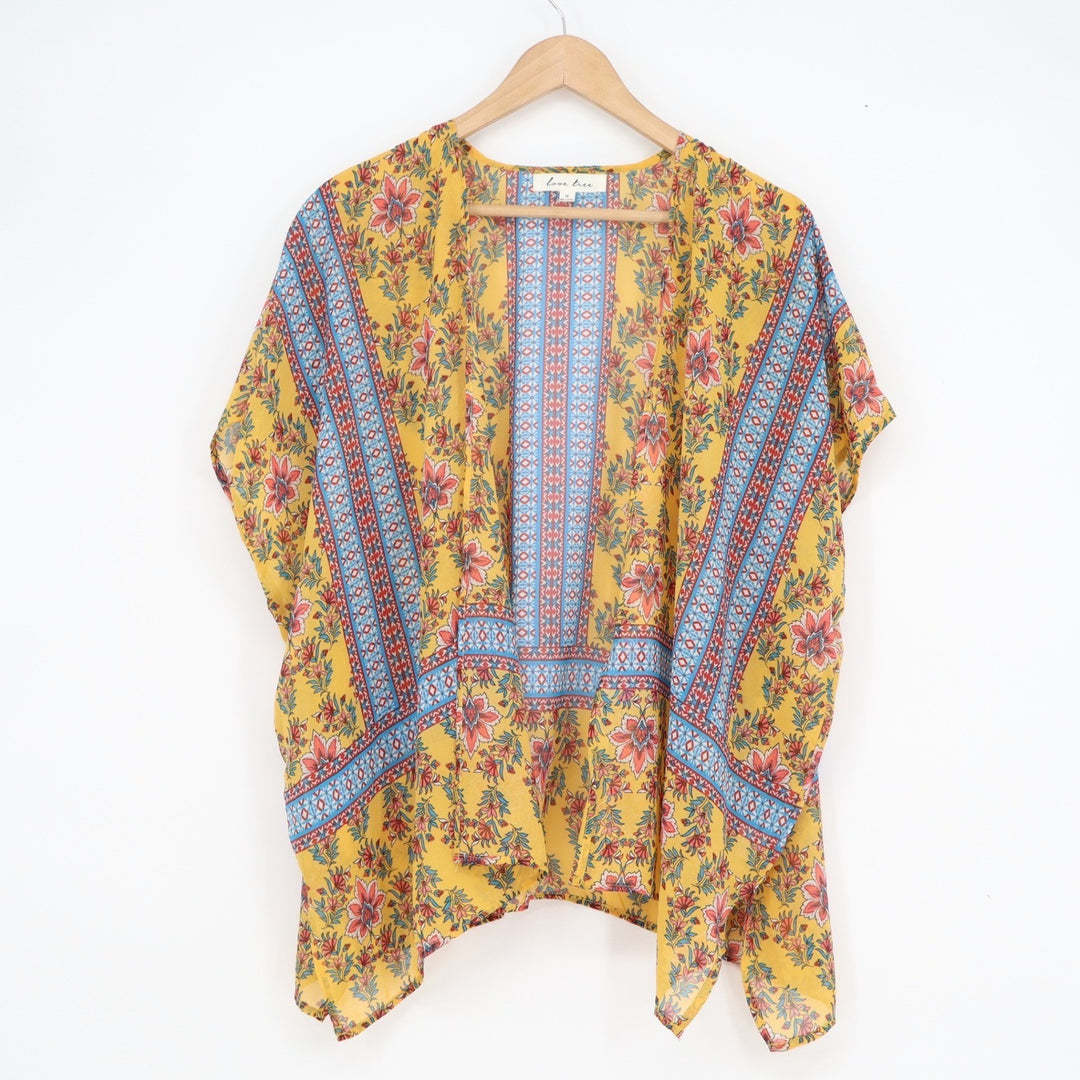 Love Tree Womens Yellow Floral Boho Kimono Wrap Cardigan Size M