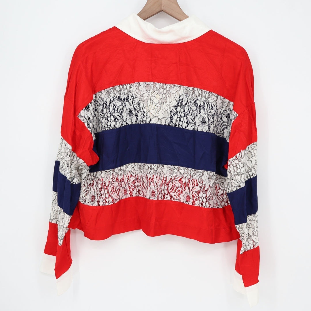 Maeve Paneled Rugby Top Womens Medium Multi Sheer Lace Long Sleeve Spread Collar