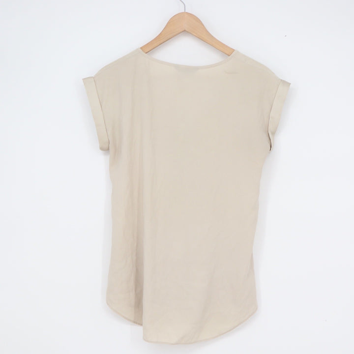 Express Womens XS Beige V-Neck Half Zip Rolled Cap Sleeve Blouse Top