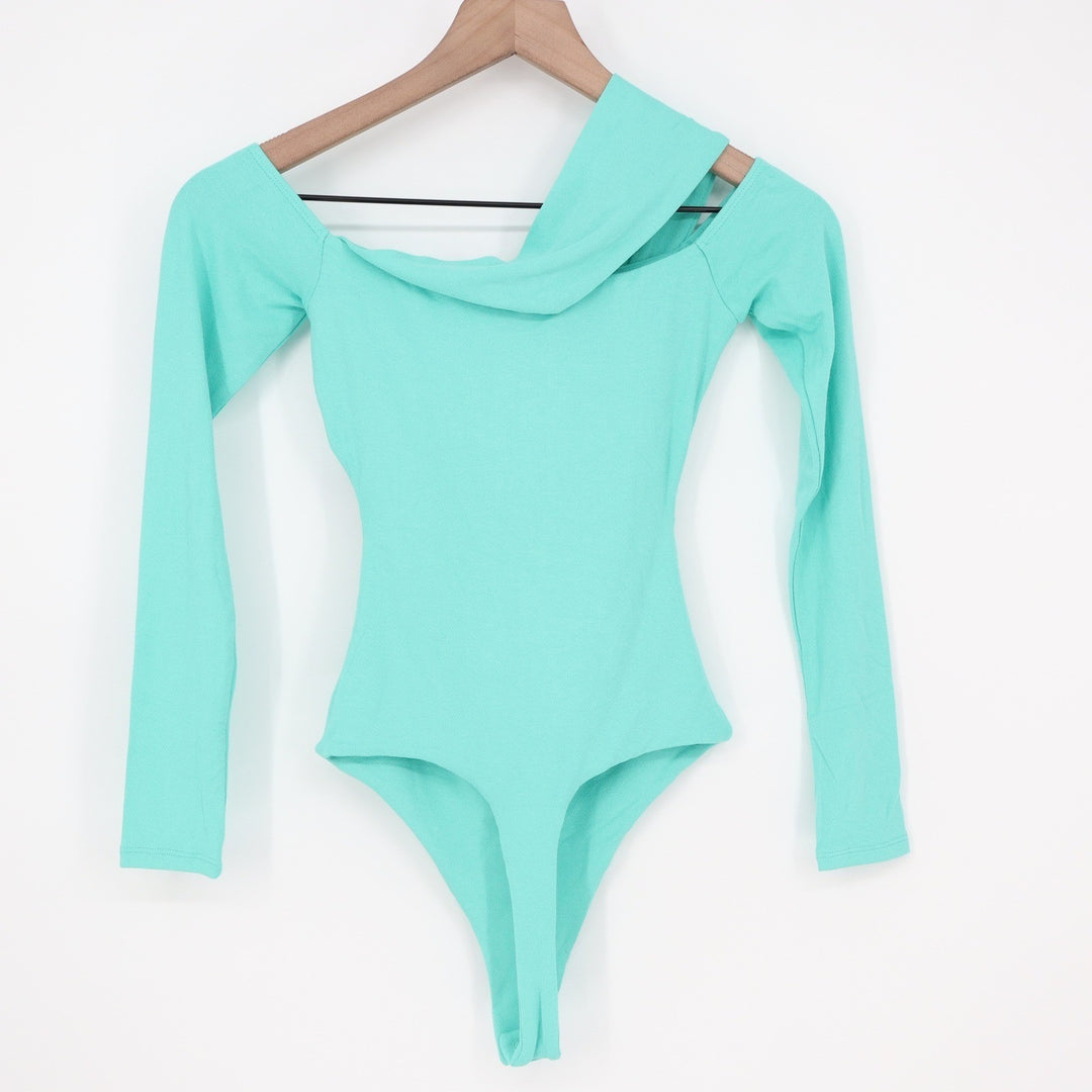 Naked Wardrobe Mint Green Asymmetrical Cutout Long Sleeve Bodysuit S