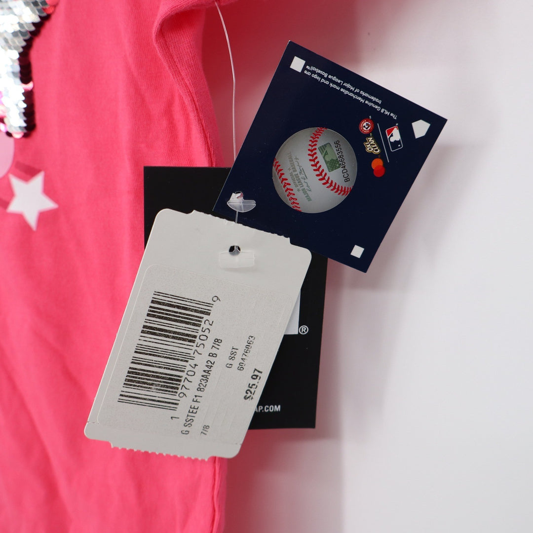 New Era Boston Red Sox Girls Pink Sequin V-Neck Graphic T-Shirt Size 7/8 NWT