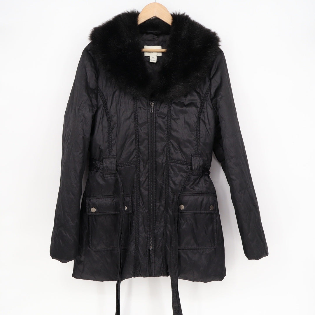 White House Black Market Black Faux Fur Collar Belted Jacket XL
