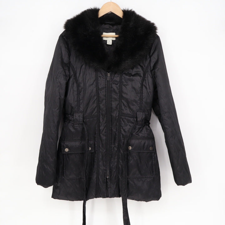 White House Black Market Black Faux Fur Collar Belted Jacket XL