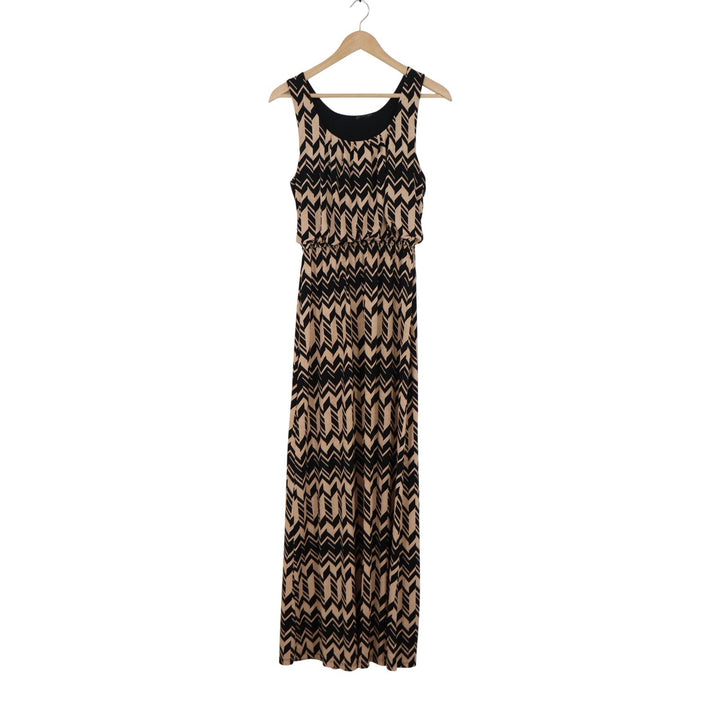 Chevron Print Maxi Dress Sleeveless Elastic Waist Tan Black Geometric S