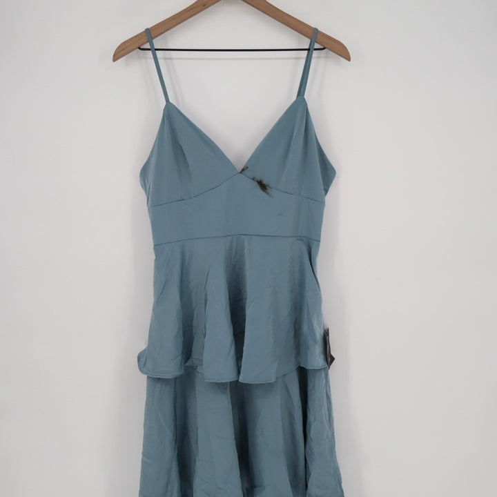 Lulus Going with Elegance Gown Dress Womens M Slate Blue Satin Tiered Back Zip