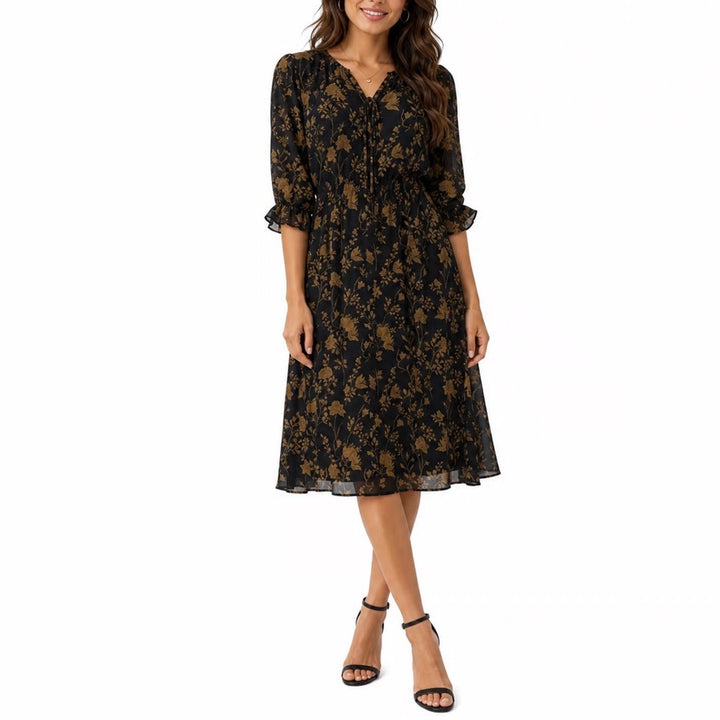 Minimal Thien Dress Black Gold Floral Midi Ruffle Sleeve Split Neck Size 4
