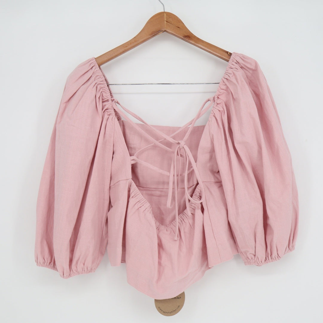 Aaron & Amber Pink Cotton Linen Puff Sleeve Lace Up Back Blouse Top Large