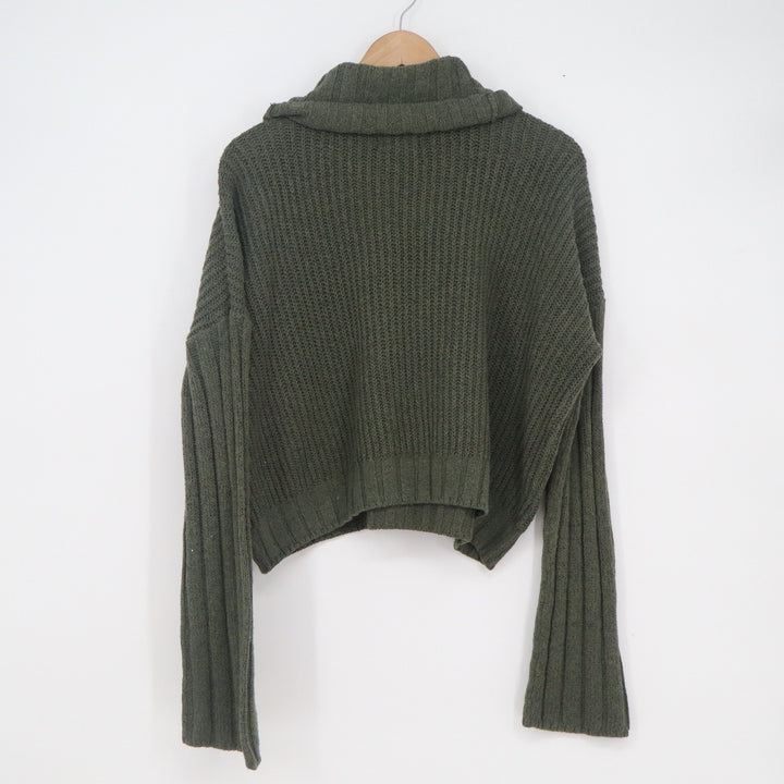 SO Womens Olive Green Cowl Neck Cropped Ribbed Knit Sweater Large