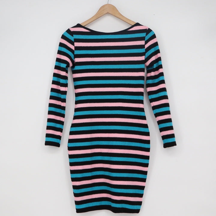 Pink Blue Black Striped Ribbed Knit Long Sleeve Bodycon Mini Dress Size Medium