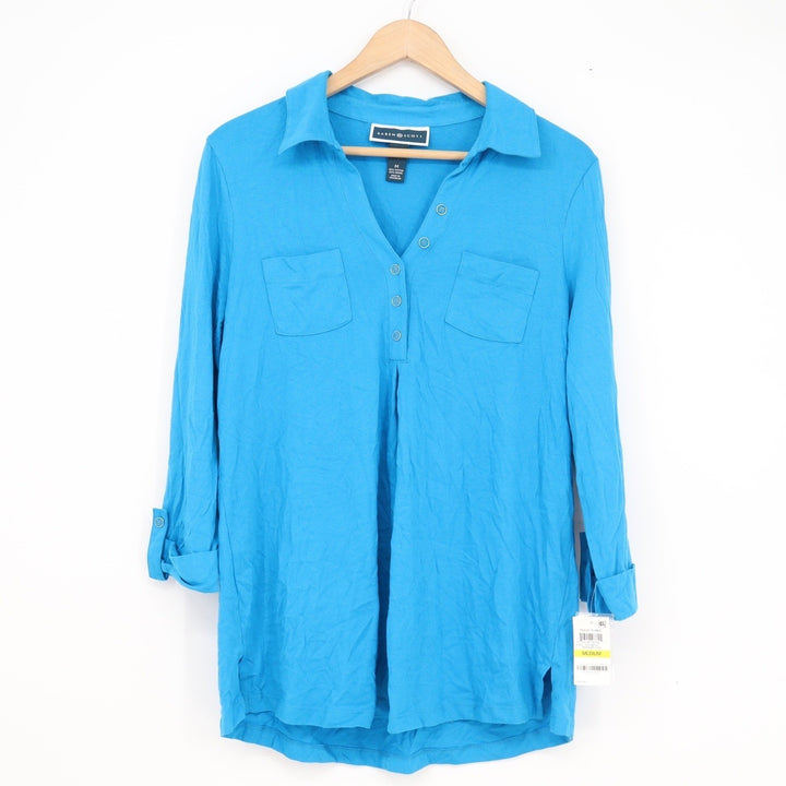 Karen Scott Womens Hawaiian Surf Blue Polo Tunic Top V-Neck Roll-Tab Medium NWT