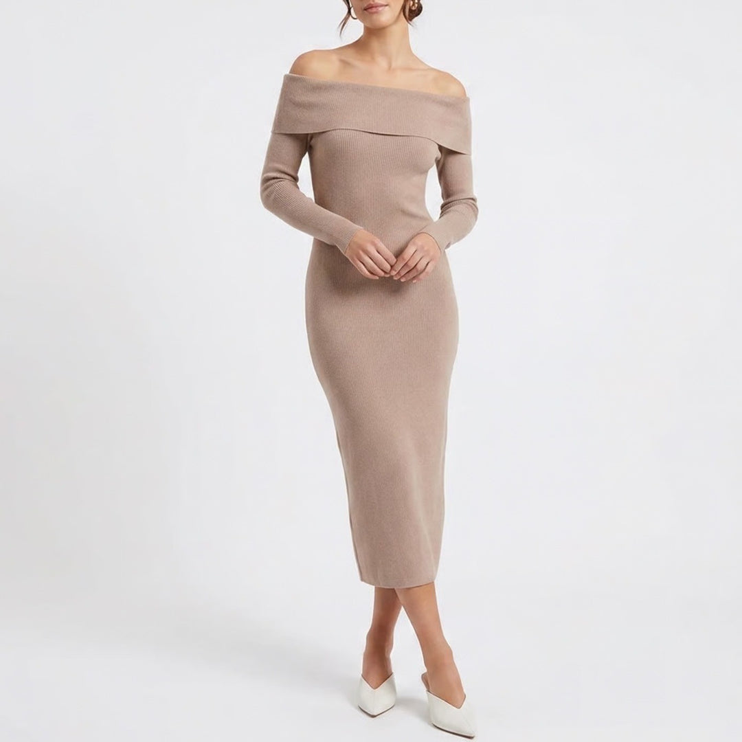 Tan Off the Shoulder Long Sleeve Ribbed Knit Midi Dress Viscose Blend