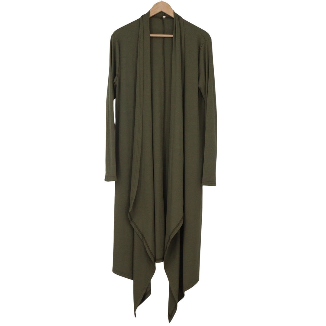 Unbranded Olive Green Ribbed Duster Cardigan Open Front Waterfall Hem Large