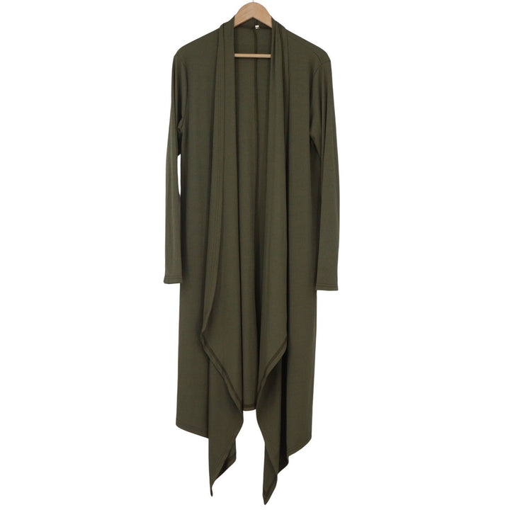 Unbranded Olive Green Ribbed Duster Cardigan Open Front Waterfall Hem Large