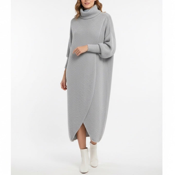Fobya Maxi Sweater Dress Womens Gray Knitted Wrap Front Turtleneck Pullover