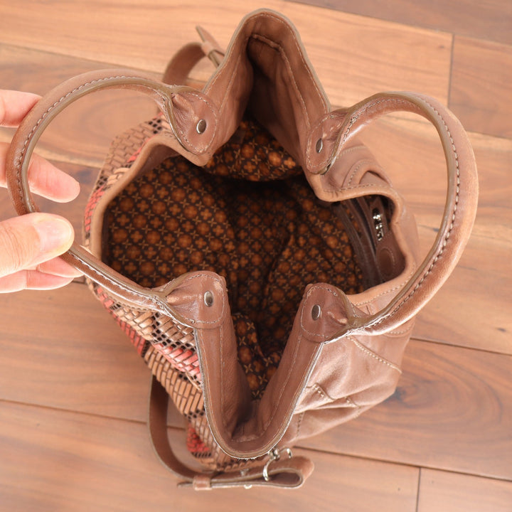 Lockheart Brown Woven Leather Geometric Tote Bag Satchel Shoulder Bag