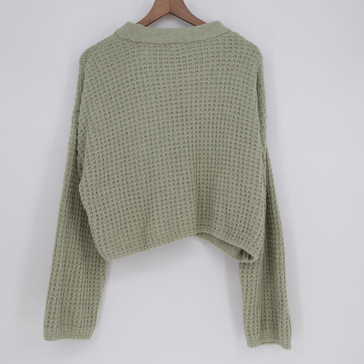 Love Tree Sage Green Waffle Knit Cropped Sweater Womens Small Relaxed Fit