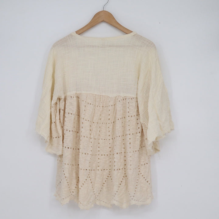 Free People Linen Cotton Eyelet Boho Peasant Top Cream V-Neck Large