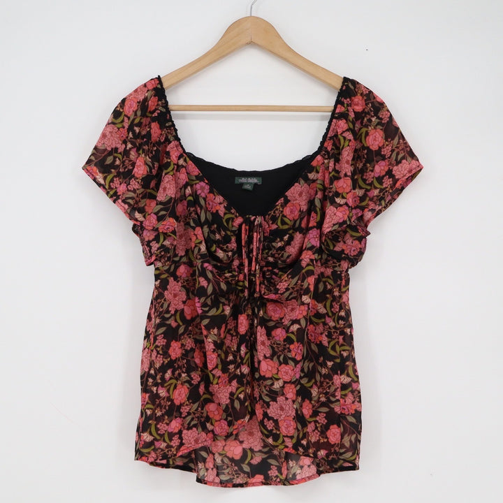 Wild Fable Floral Flutter Sleeve Tie Front Blouse Black Pink Sweetheart Neck M