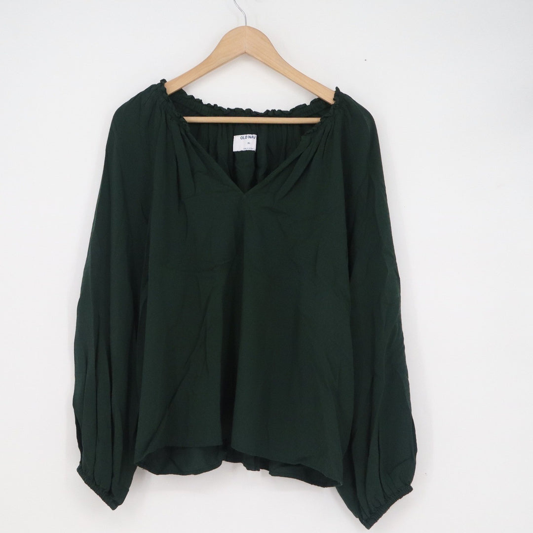 Old Navy Womens XL Dark Green Peasant Blouse Balloon Sleeve V-Neck Rayon Top