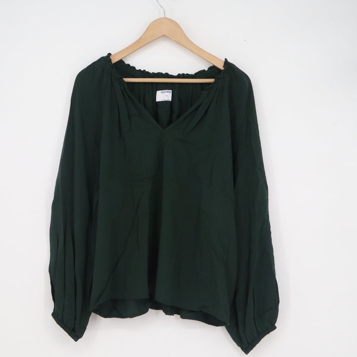Old Navy Womens XL Dark Green Peasant Blouse Balloon Sleeve V-Neck Rayon Top