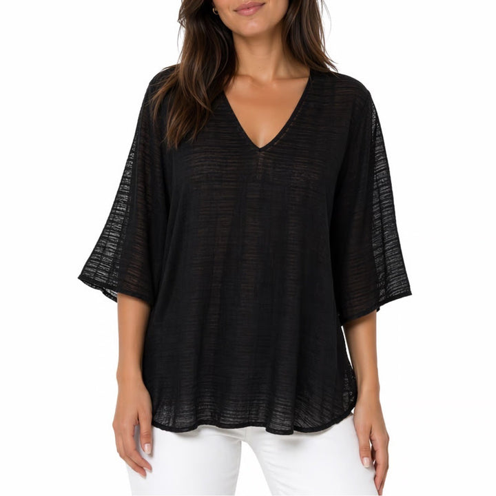 Jordan Taylor Swim Cover Up Womens Large Black Sheer Mesh V-Neck Long Sleeve