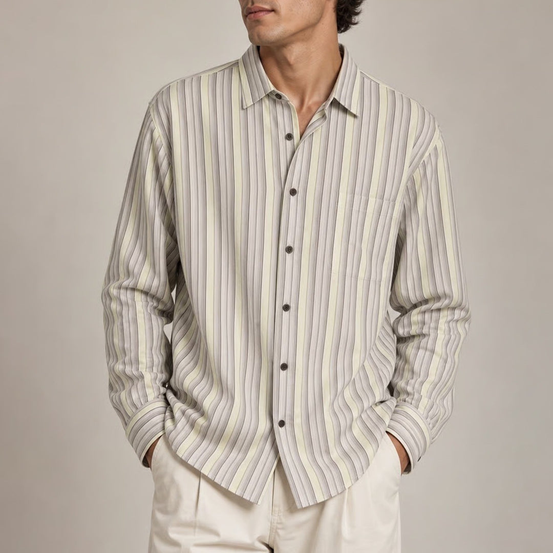 Tasso Elba Mens Large Cotton Striped Long Sleeve Button Down Shirt Tan Green L