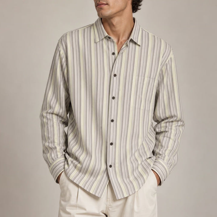 Tasso Elba Mens Large Cotton Striped Long Sleeve Button Down Shirt Tan Green L
