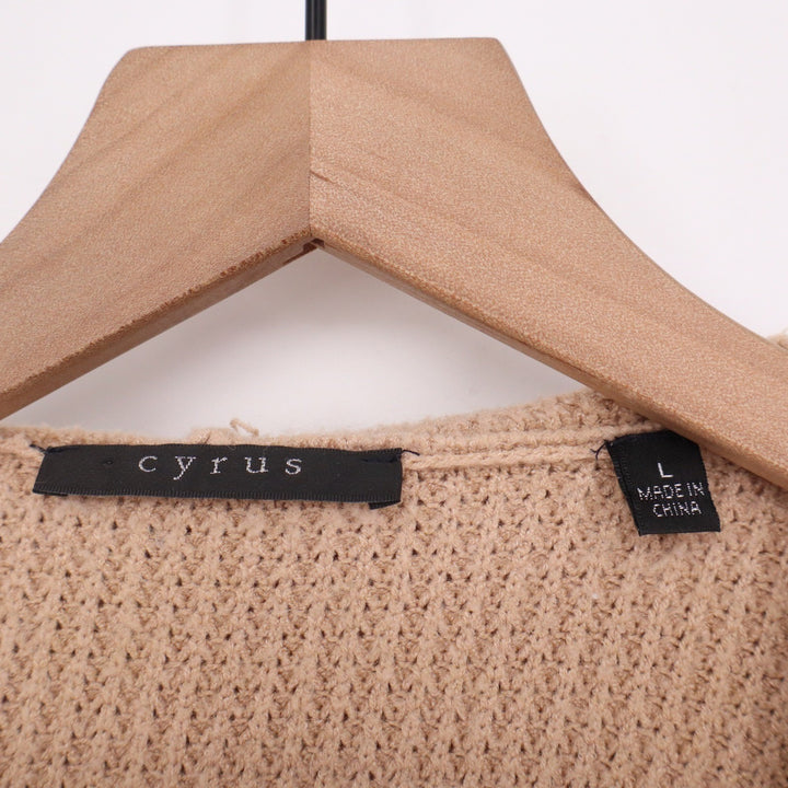 Cyrus Tan Waffle Knit Hooded Cardigan Open Front Duster Sweater L
