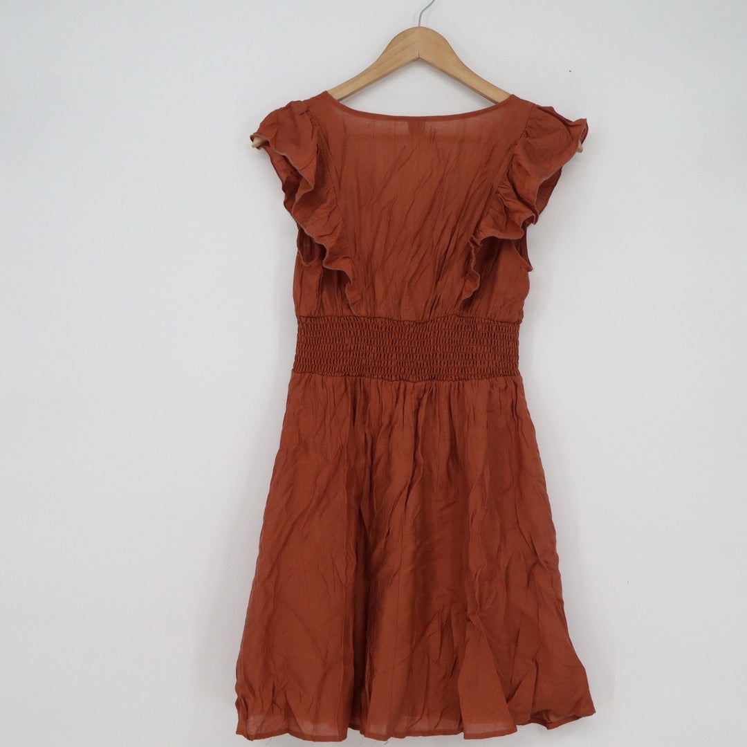 SHEIN Rust Orange Smocked Waist Ruffle Mini Dress V-Neck Size S