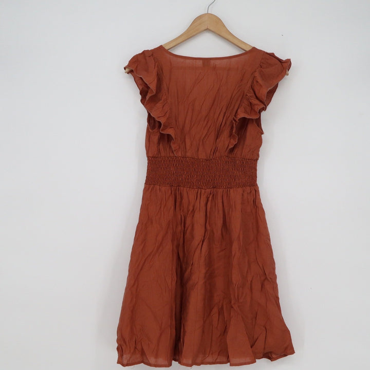SHEIN Rust Orange Smocked Waist Ruffle Mini Dress V-Neck Size S