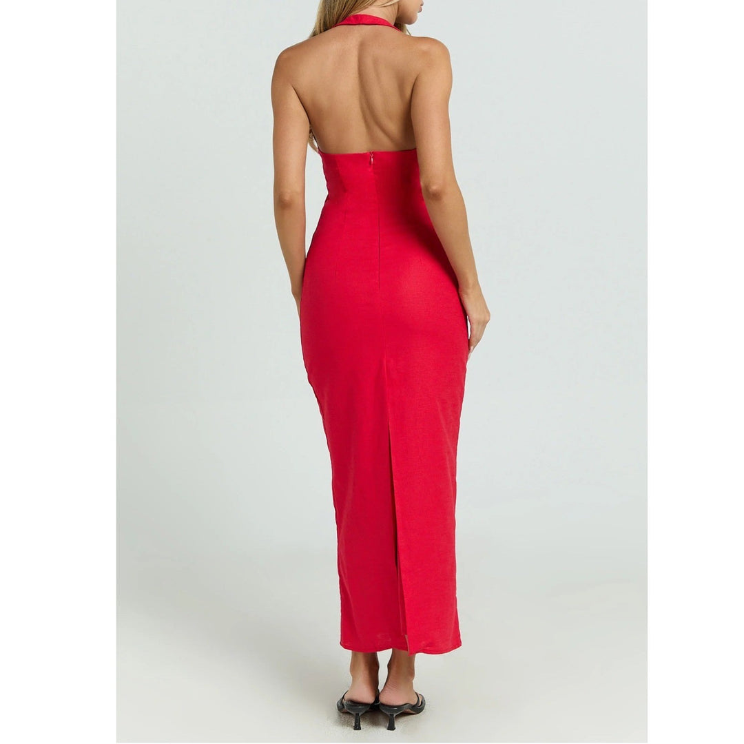 Showpo Lyla Red Linen Blend Halter Plunge Tie Front Midi Dress US 8